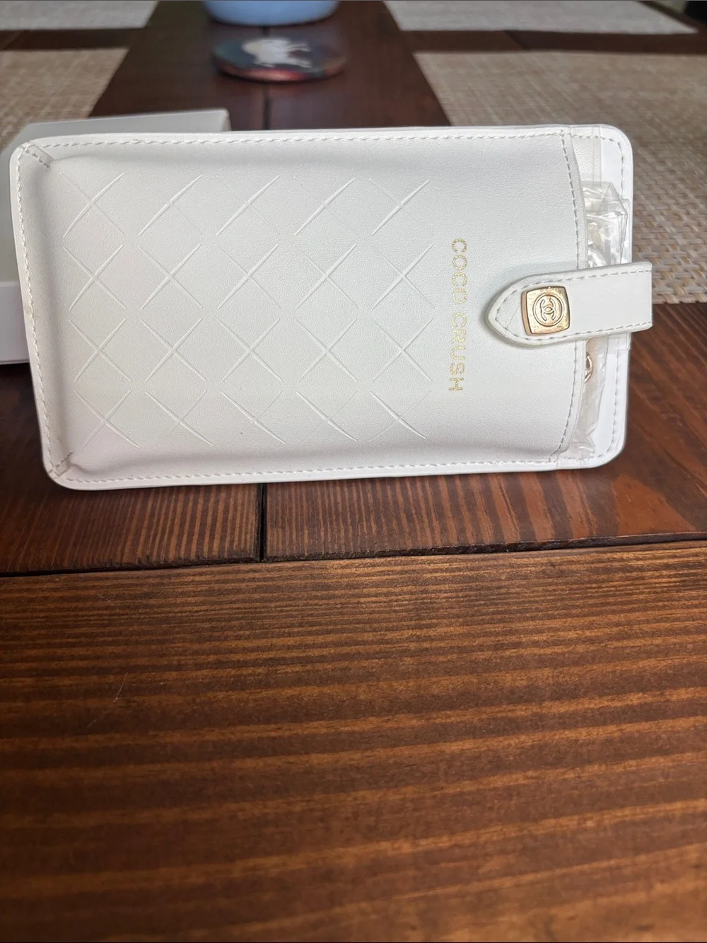 NEW CHANEL White Coco Crush Quilted Leather Phone Sleeve with Gold Accent